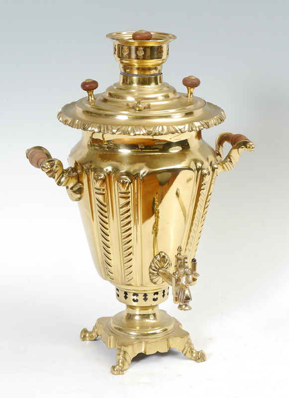 Appraisal: BRASS RUSSIAN SAMOVAR All brass with wood handles marked on