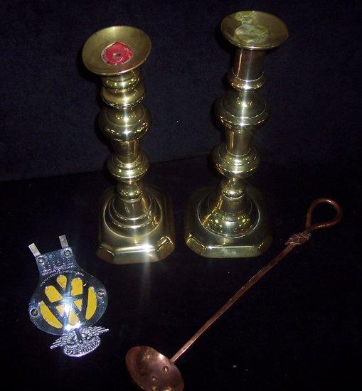 Appraisal: A near pair of th Century brass ejector candlesticks of