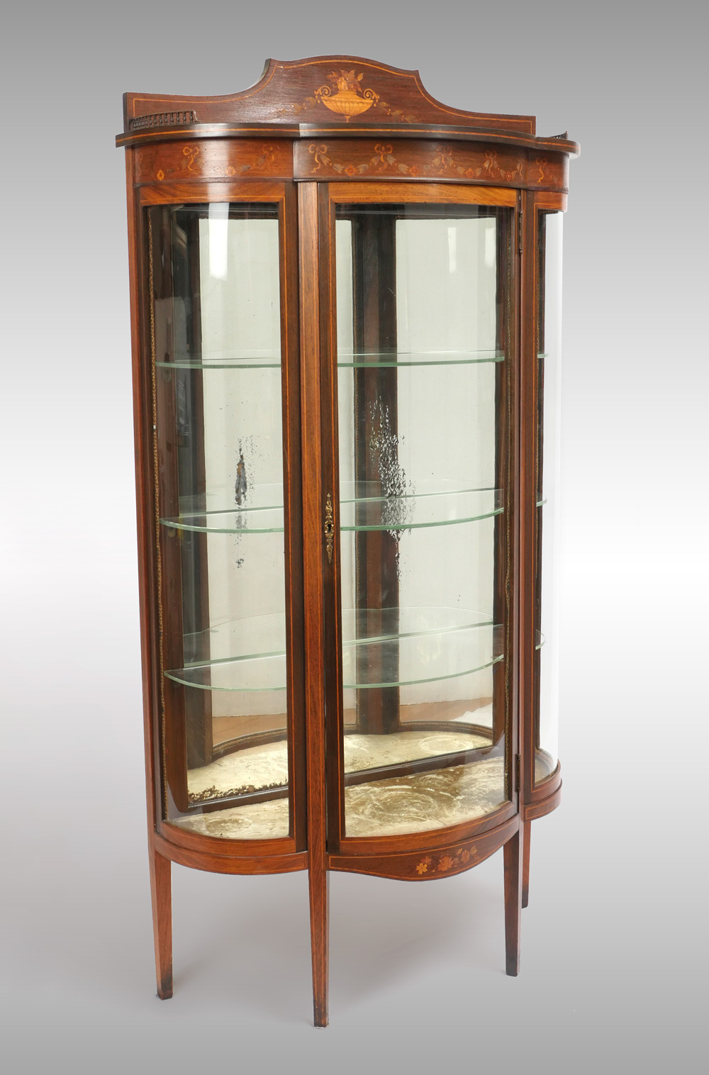 Appraisal: INLAID TRIPLE BOW CURIO CABINET Having a surmounting inlaid floral