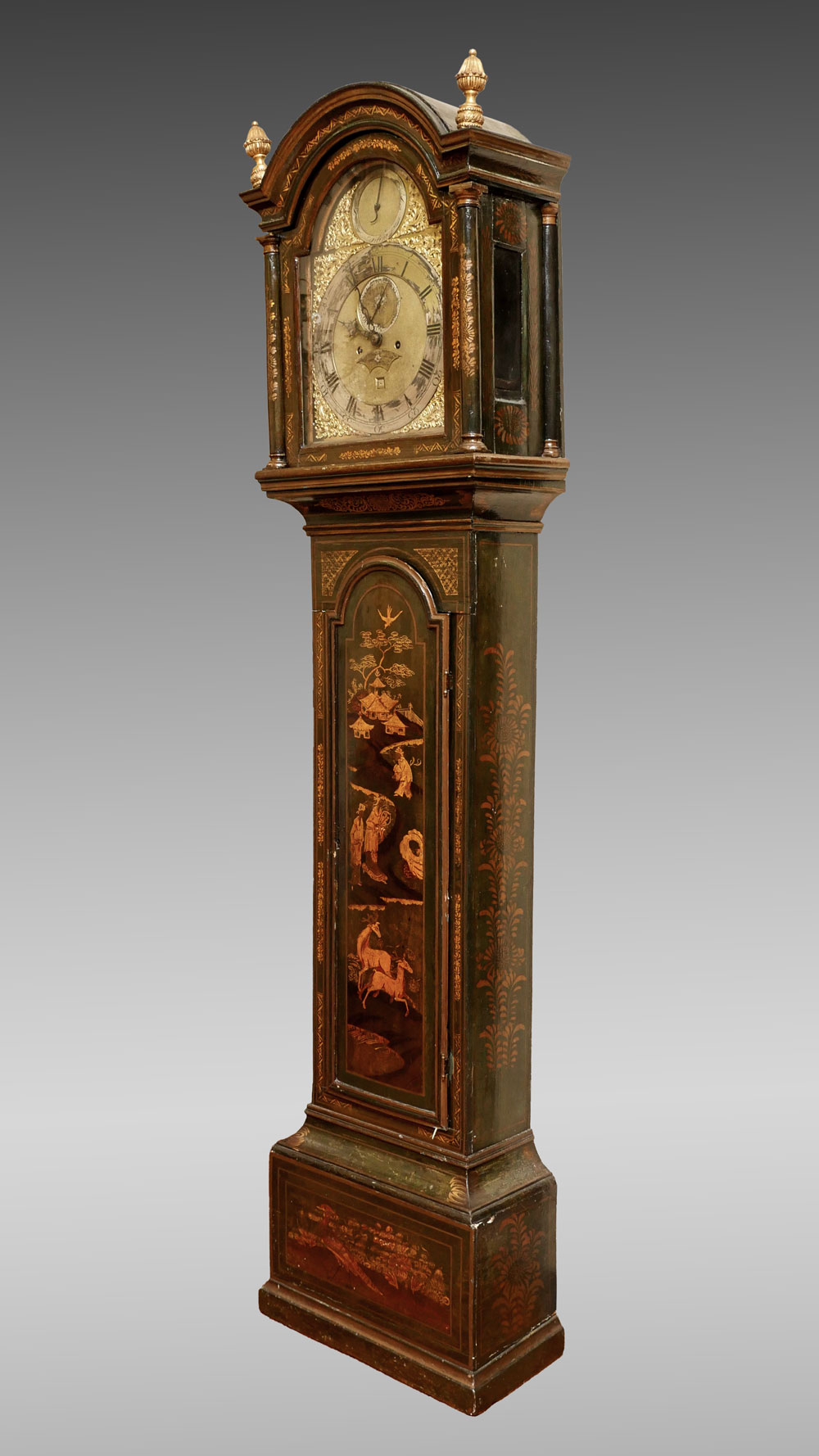 Appraisal: ENGLISH CHINOISERIE DECORATED GRANDFATHER CLOCK Hand-painted chinoiserie grandfather clock having