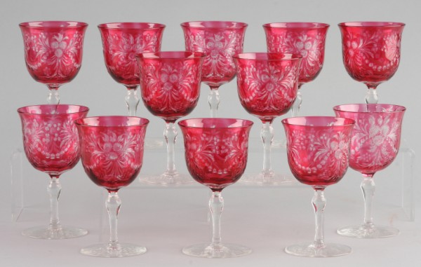 Appraisal: Set of twelve cranberry and cut to clear wine glasses