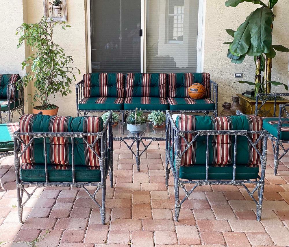 Appraisal: UNUSUAL NINE PIECE SUITE OF FAUX RATTAN-TIED BAMBOO METAL PATIO