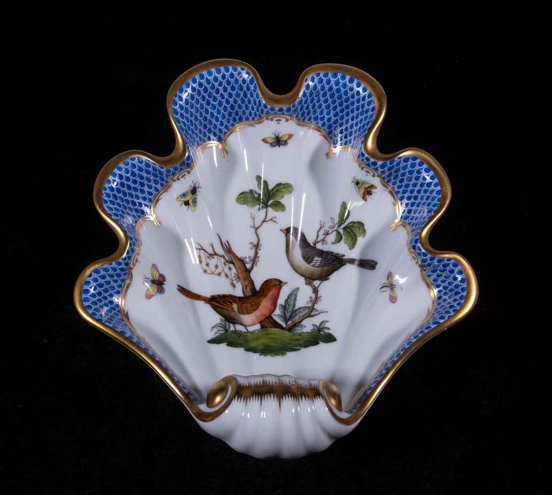 Appraisal: HEREND PORCELAIN SHELL DISH Rothschild Bird Pattern Hand Painted Hungarian