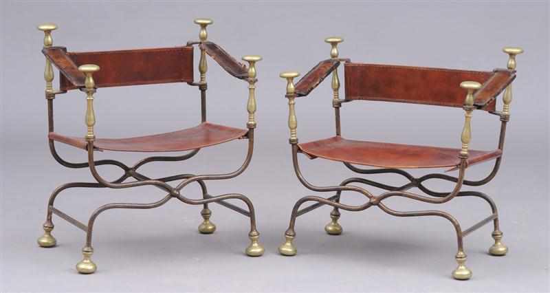 Appraisal: PAIR OF ITALIAN BAROQUE STYLE BRASS-MOUNTED GILT-METAL FOLDING STOOLS Each