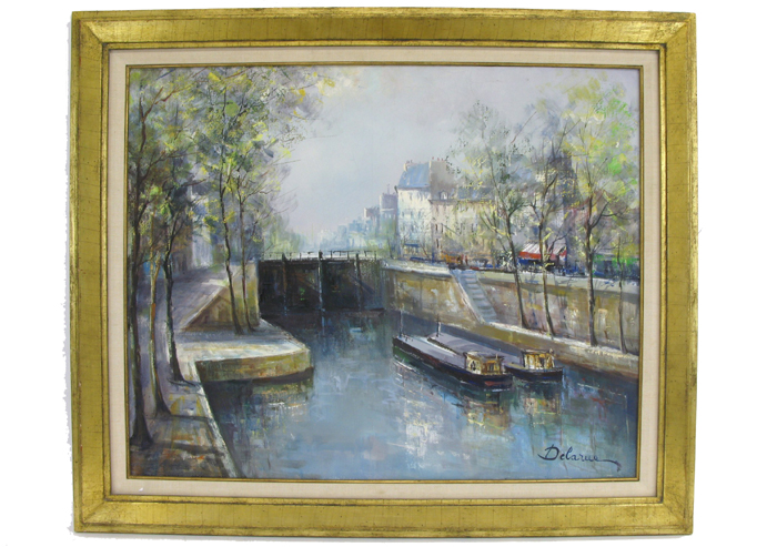 Appraisal: LUCIEN DELARUE OIL ON CANVAS French born Paris canal scene