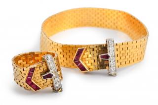 Appraisal: Retro Diamond Ruby Belt Buckle Ring Bracelet Set K retro