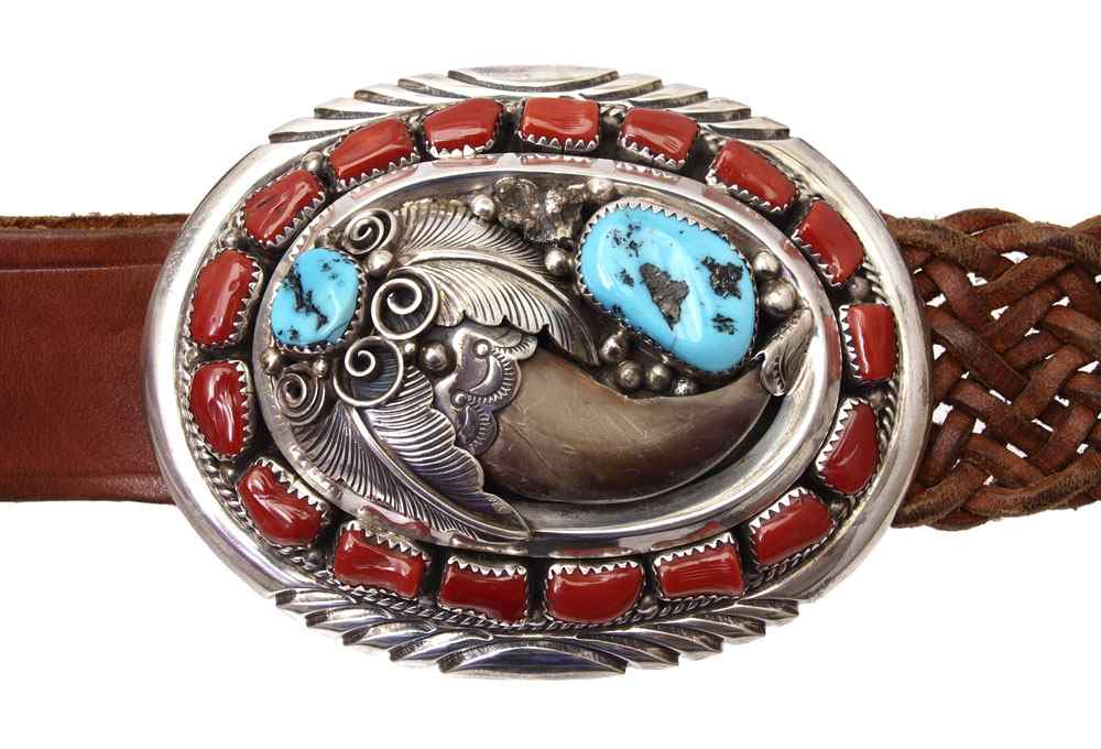 Appraisal: NATIVE AMERICAN STERLING CORAL TURQUOISE BEAR CLAW BUCKLE Impressive oval