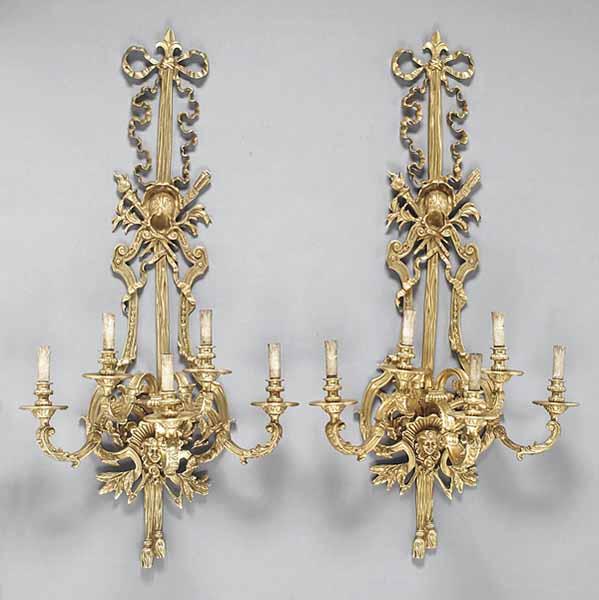 Appraisal: A Pair of Monumental Louis XVI-Style Bronze Sconces each with