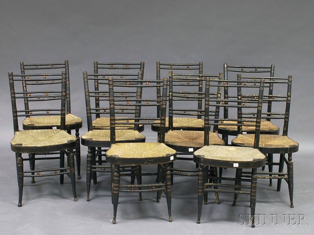 Appraisal: Set of Ten Black- and Gold-painted Bamboo-turned Fancy Chairs mid-