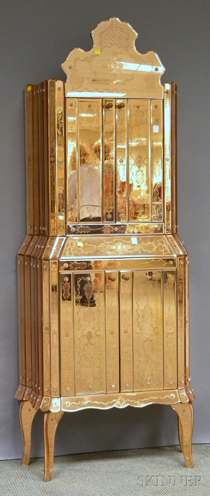 Appraisal: Venetian-style Etched Peach Mirrored Glass-clad Four-door Boudoir Cabinet in two