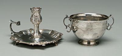 Appraisal: Two pieces English silver chamber stick with round base shell