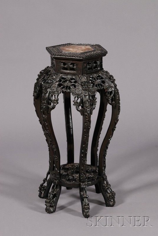 Appraisal: Chinese Carved and Ebonized Hardwood and Marble-inset Plant Stand early