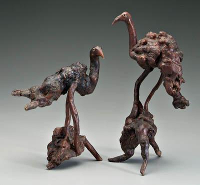 Appraisal: Two folk art birds assembled burlwood and roots with applied