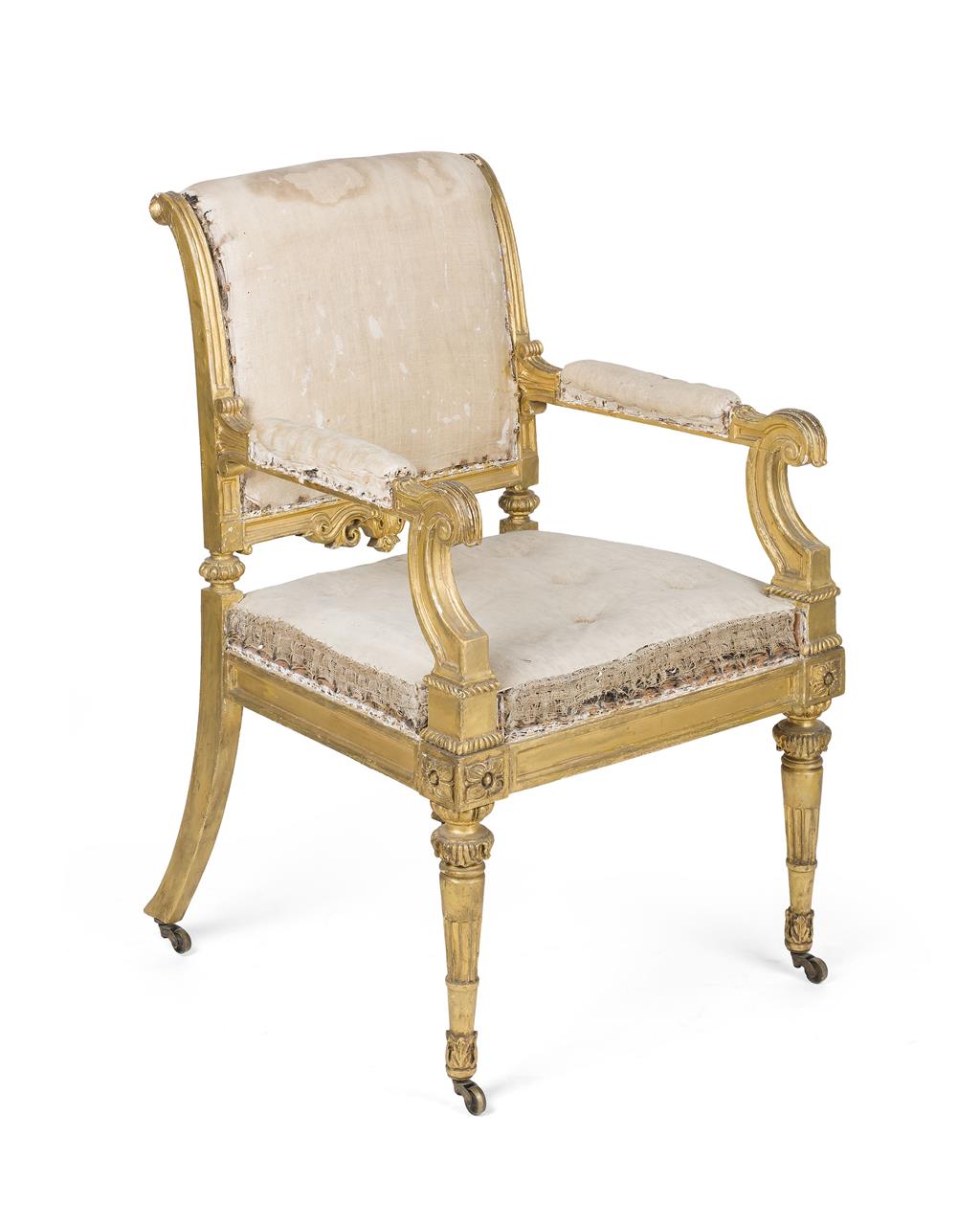 Appraisal: FRENCH EMPIRE GILTWOOD ARMCHAIR EARLY TH CENTURY the square back