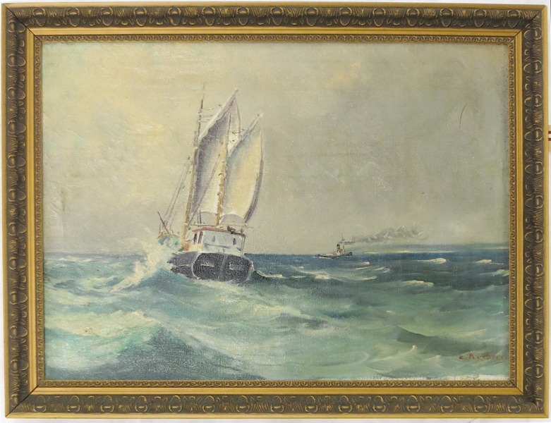 Appraisal: SEASCAPE OIL ON CANVAS a sailing vessel and a tug