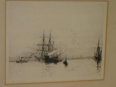 Appraisal: HAROLD WYLLIE Shipping at Anchor Scottish Harbour etching signed in