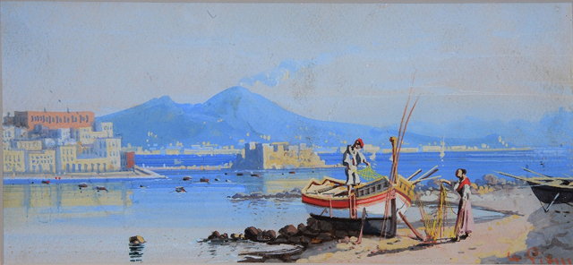 Appraisal: U GIANNIThe bay of Naples with Vesuvius erupting signed gouache