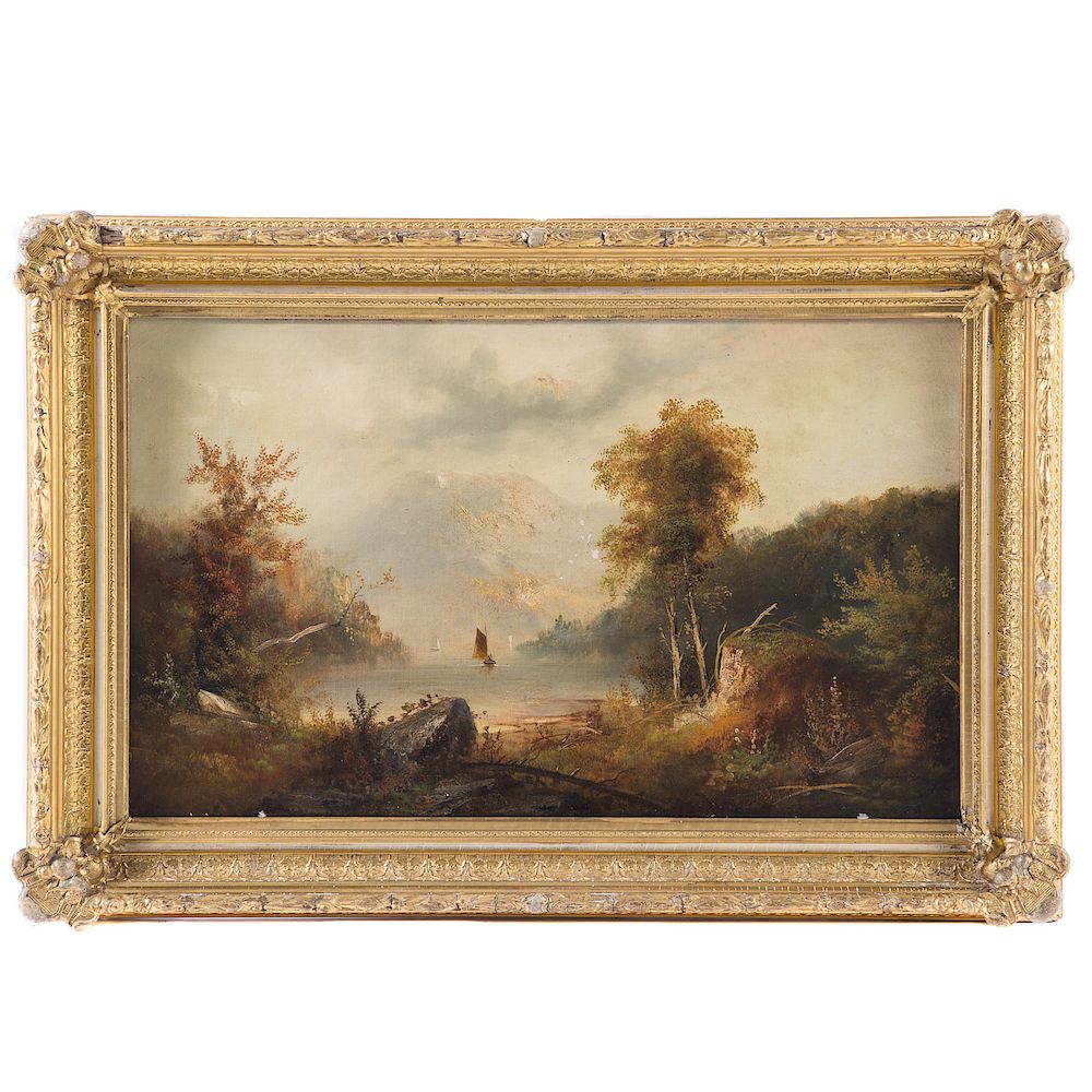 Appraisal: Johnson Autumnal River Landscape oil on canvas American th century