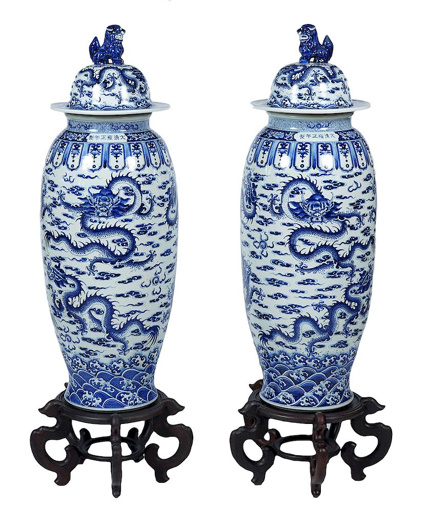 Appraisal: Pr of Chinese Palace Sized Blue White Temple Jars Pair