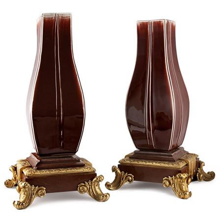 Appraisal: Pair of Louis XIV Style Gilt-Bronze Mounted Rouge Marble Stands