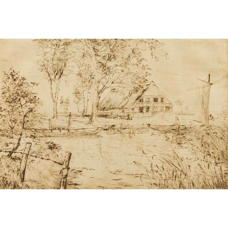 Appraisal: Pond Scene Etching Framed etching of a boat in a