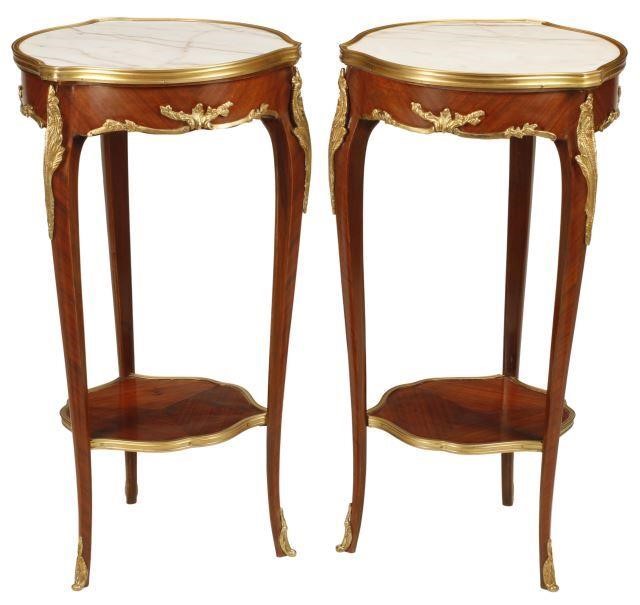 Appraisal: pair French Louis XV style marble-top tables with bronze mounts