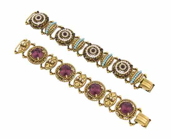 Appraisal: A Pair of Goldtone and Gemstone Bracelets one with faux