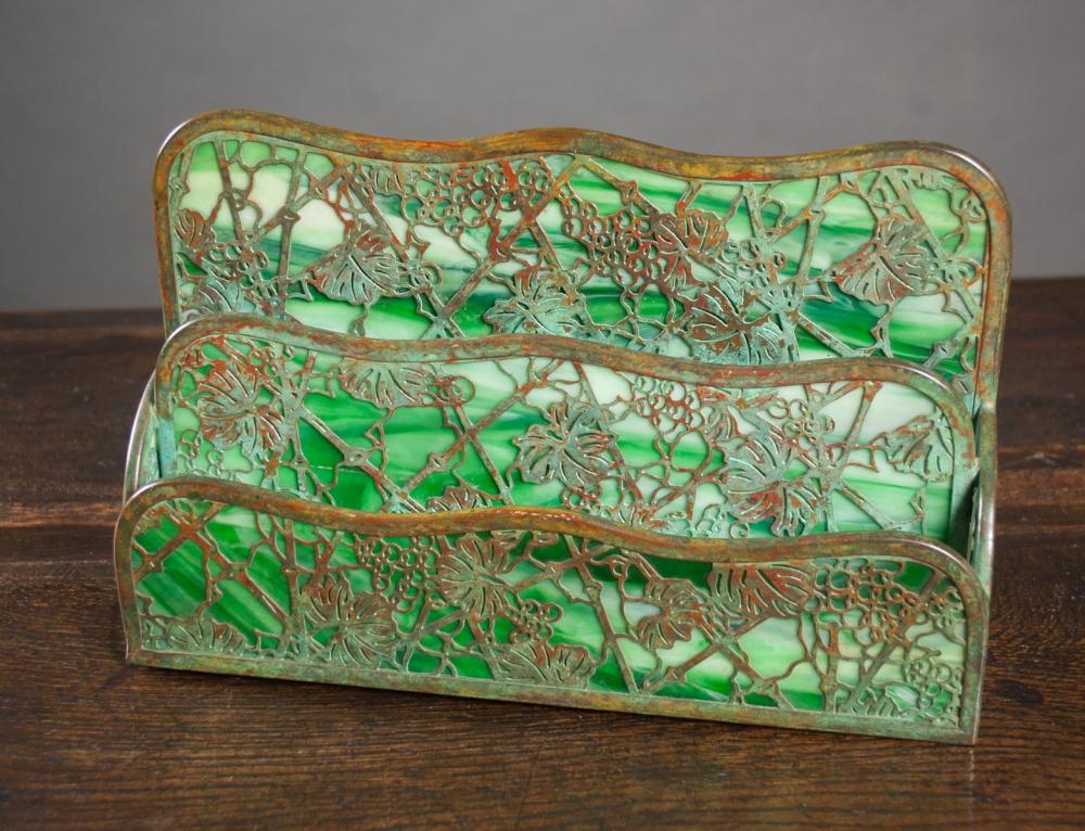 Appraisal: TIFFANY STUDIO BRONZE LETTER HOLDER Grapevine pattern with green slag