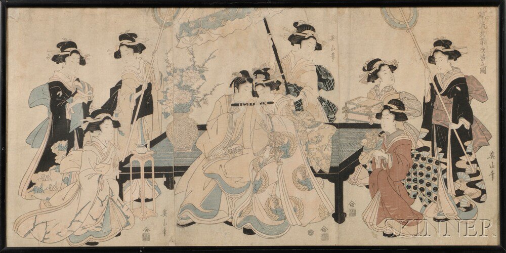 Appraisal: Woodblock Print Triptych Japan Eizan - depicting eight courtesans with