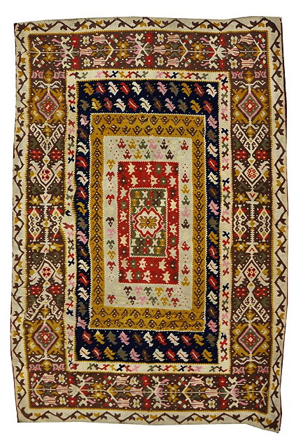 Appraisal: AN EASTERN EUROPEAN KELIM with multi-coloured banded geometric decoration x