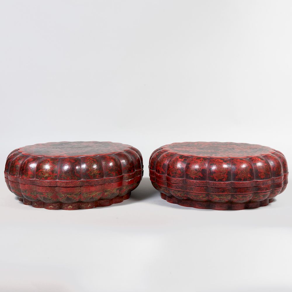 Appraisal: Pair of Large Chinese Red Lacquer and Parcel-Gilt Lobed Boxes