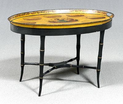 Appraisal: Yellow-painted tole tray on stand eight printed and painted French