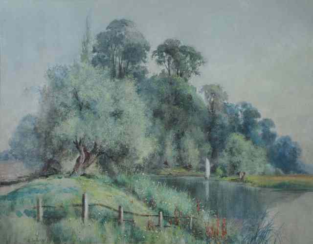 Appraisal: Emily Stannard British - Trees and flowers by a river