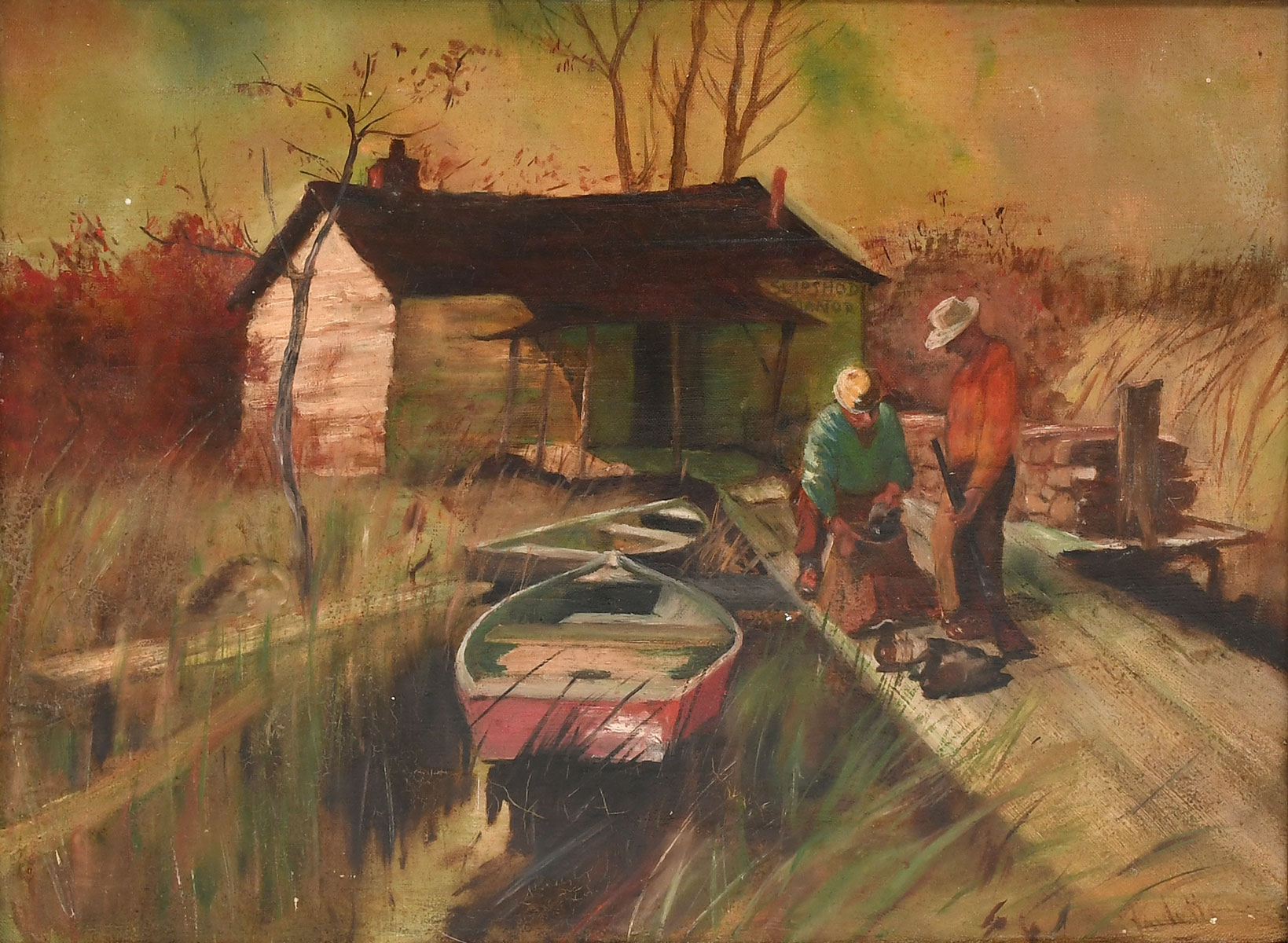 Appraisal: PAULETTE LANDEN DUCK HUNTERS PAINTING Duck Hunters Loading up Decoys