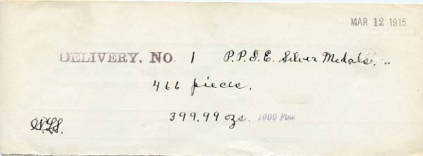 Appraisal: Panama-Pacific International Exposition Coin Delivery Receipt for PPIE Silver Half