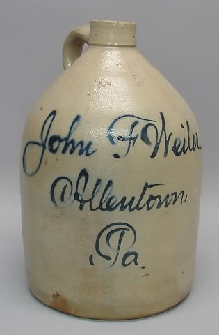 Appraisal: Script jug inscribed in cobalt blue John F Weiler Allentown