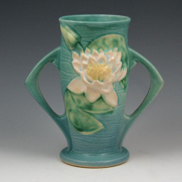 Appraisal: Roseville Water Lily handled vase in blue Marked Roseville USA