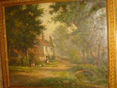 Appraisal: ENGLISH SCHOOL Figures and Chicken near a Cottage signed with