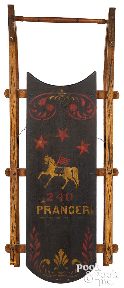 Appraisal: Painted sled with stars and horse prancer horse Painted sled