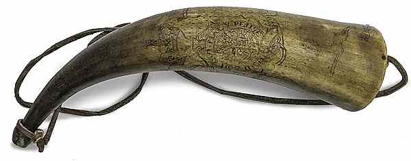 Appraisal: Engraved Powder Horn with British Coat of Arms length tulip-shaped