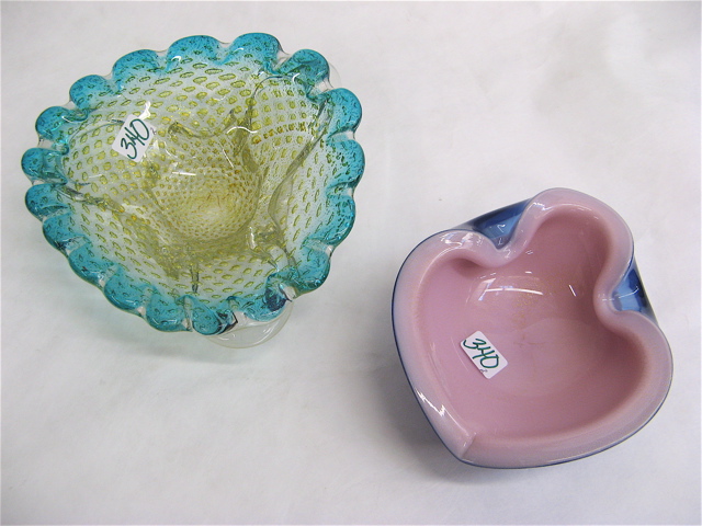 Appraisal: TWO MURANO ART GLASS BOWLS a blue exterior pink interior