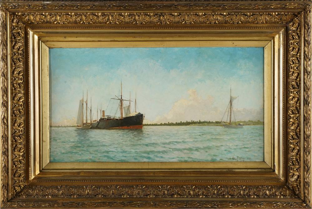 Appraisal: ALEXANDER FINLAY - SHIPS OFF A COAST oil on canvas