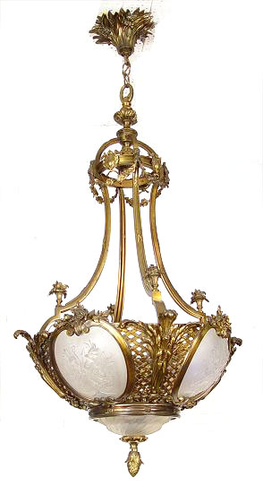 Appraisal: GLASS PANEL CHANDELIER Decorative gilt metal chandelier with scenic embossed