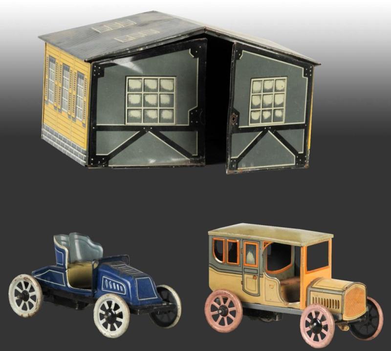 Appraisal: Tin Litho Bing Garage Toy with Automobiles Description German One