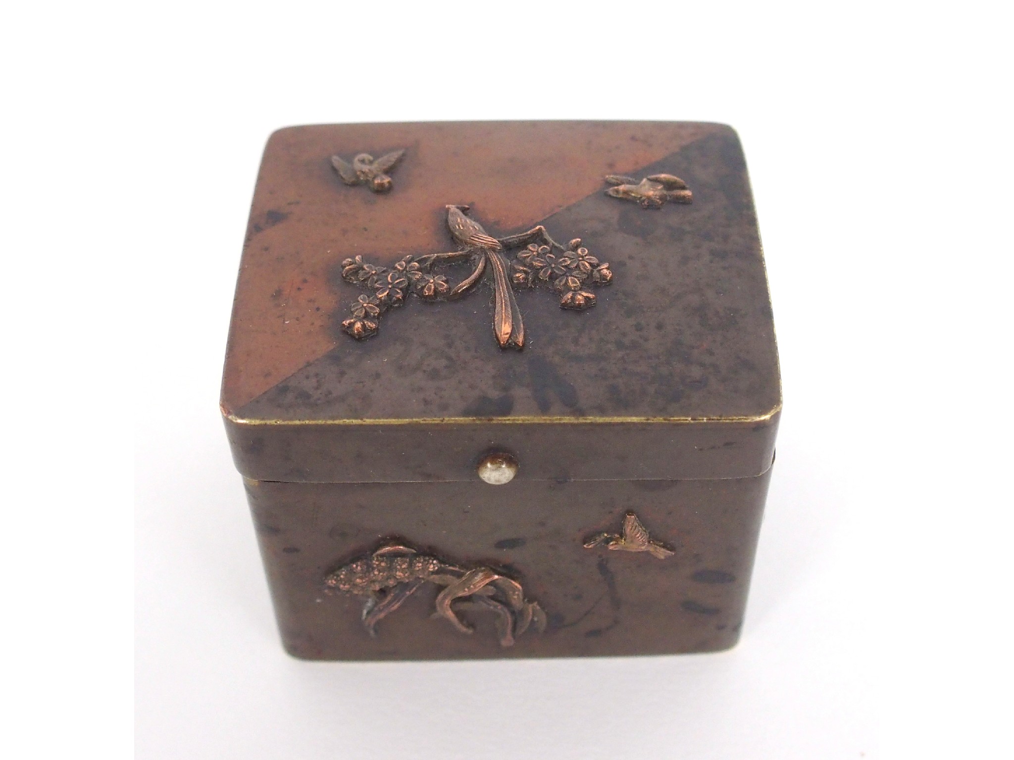 Appraisal: A Japanese bronze boxdecorated with birds in branches hinged cover