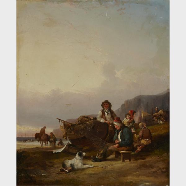 Appraisal: William Shayer Snr - SHORE SCENE MENDING NETS British Oil