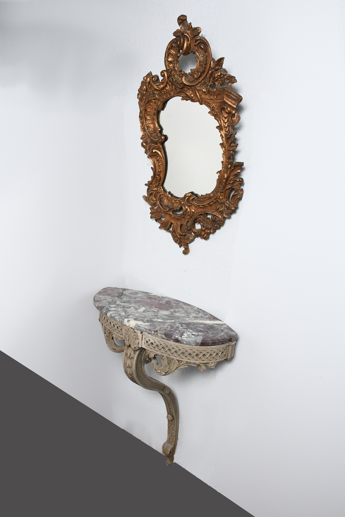 Appraisal: CARVED MARBLE TOP HALL TABLE MIRROR Shaped marble top resting