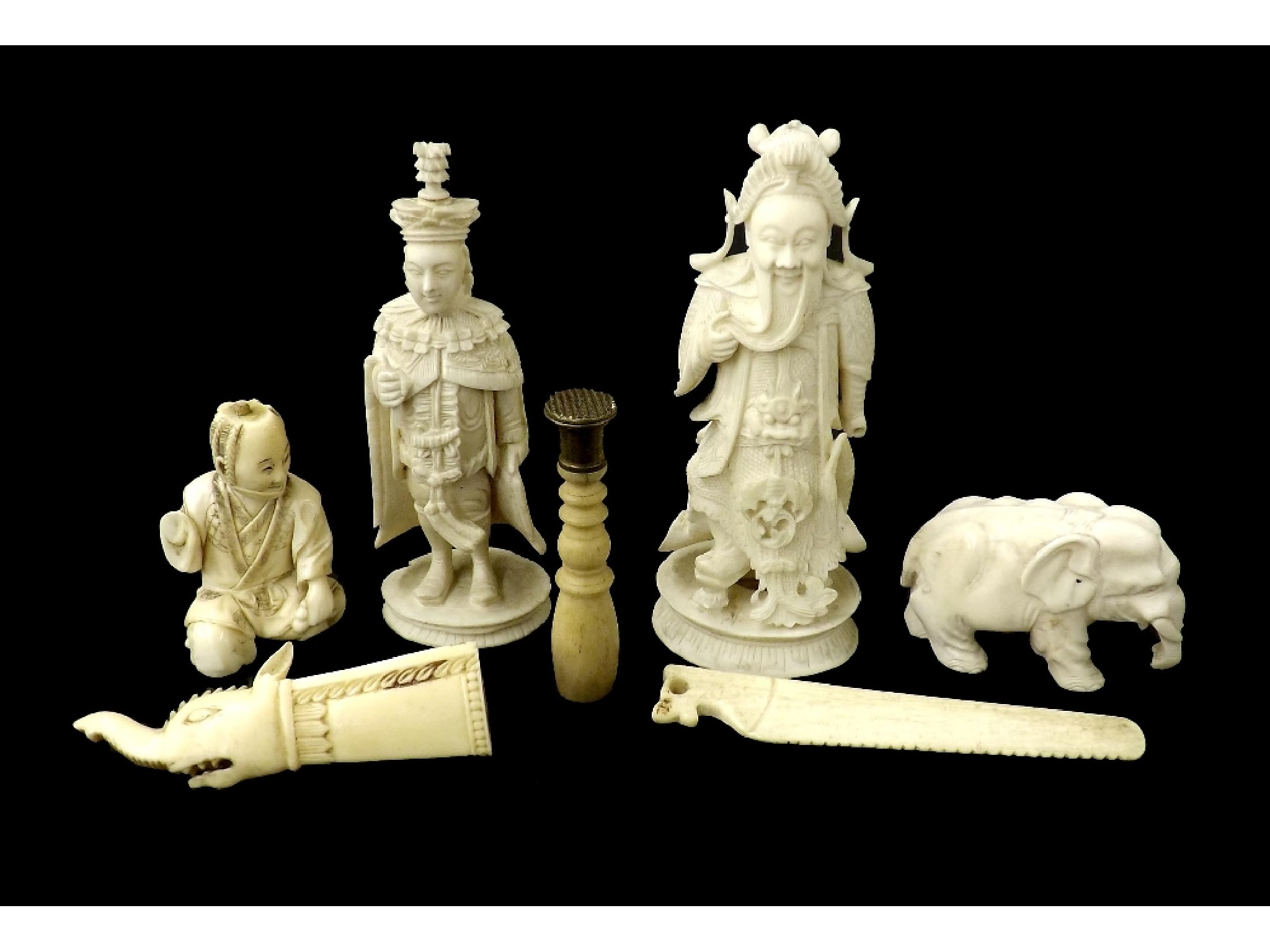 Appraisal: Collection of various ivory pieces to include three okimono type