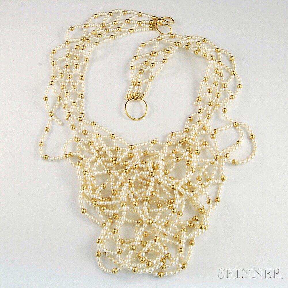 Appraisal: kt Gold and Pearl Bib Necklace formed of interlaced strands