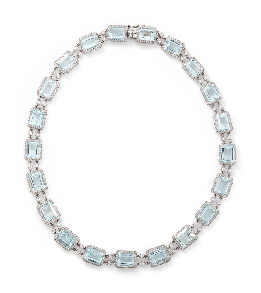 Appraisal: AQUAMARINE AND DIAMOND NECKLACE AQUAMARINE AND DIAMOND NECKLACE Containing emerald